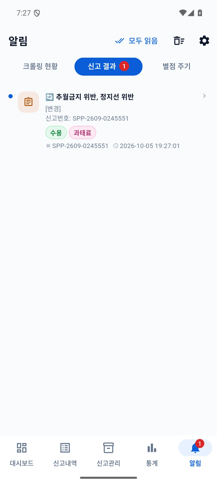 알림의 신고 결과 탭에 변경된 신고와 읽지 않은 건수, 모두 읽음 버튼이 표시됨