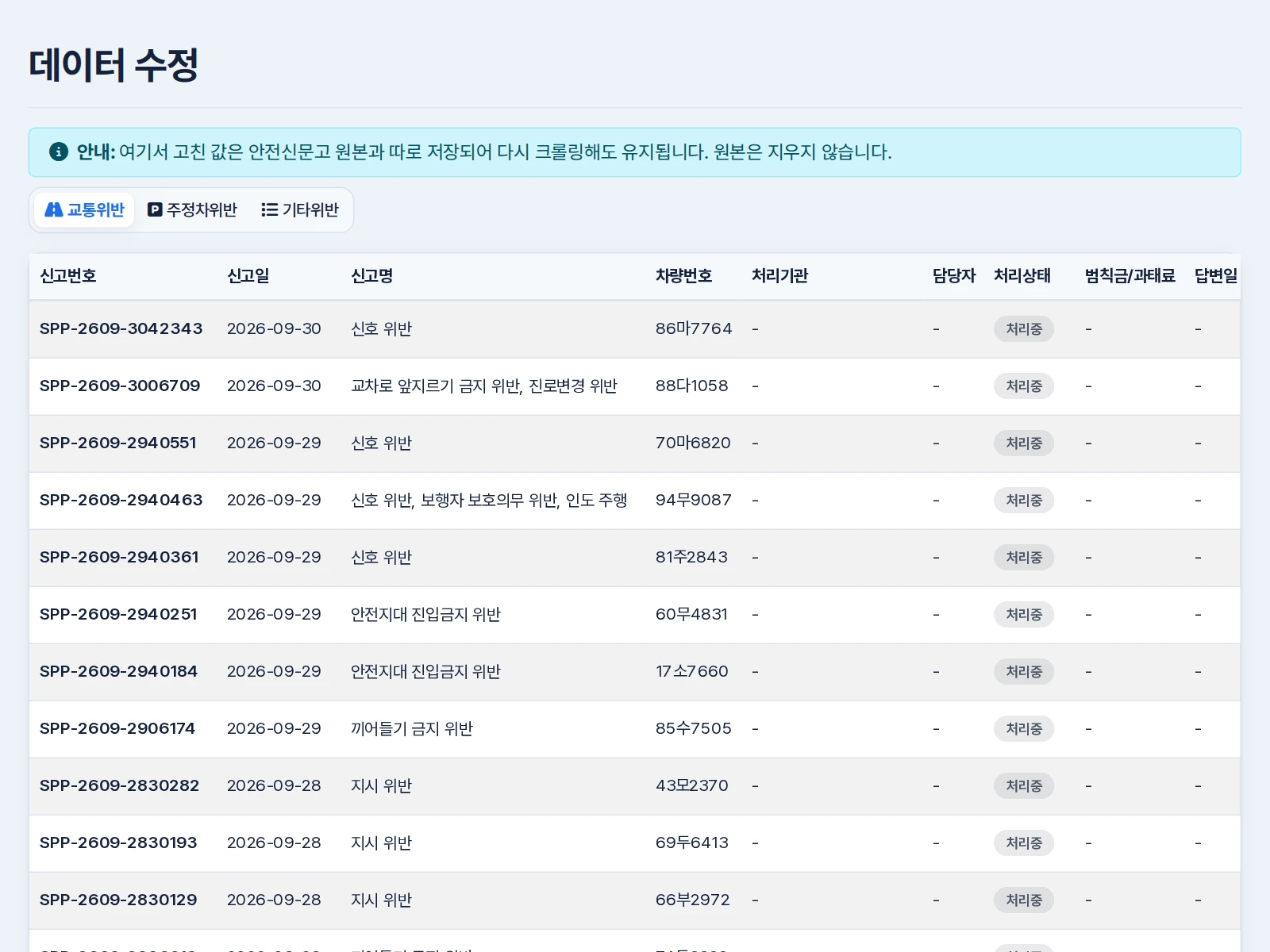 교통위반·주정차위반·기타위반 탭 아래 수정할 신고를 고르는 데이터 수정 목록
