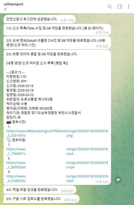 텔레그램 봇을 통해 크롤링 완료된 신고건의 주요 변경 내역 알림을 받은 스마트폰 대화 화면