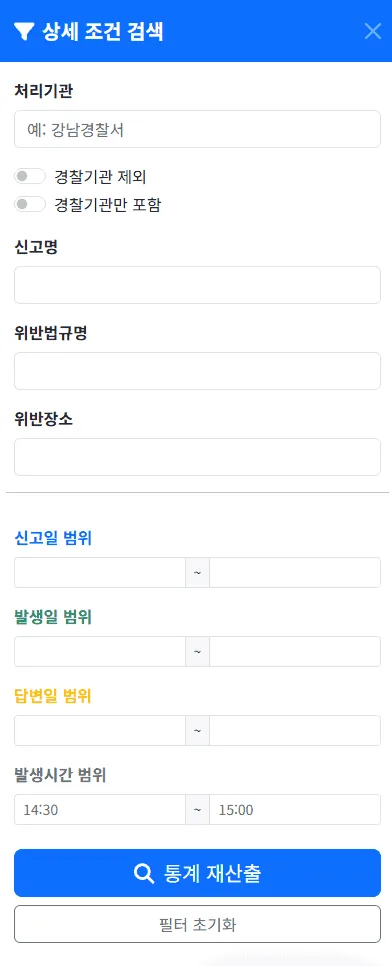 상세 검색창에 5조를 검색하여 도로교통법 제5조 위반에 대한 통계를 확인하는 화면
