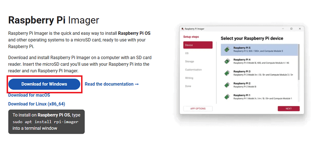 라즈베리파이 설치를 위한 디바이스 선택 화면 이미지.