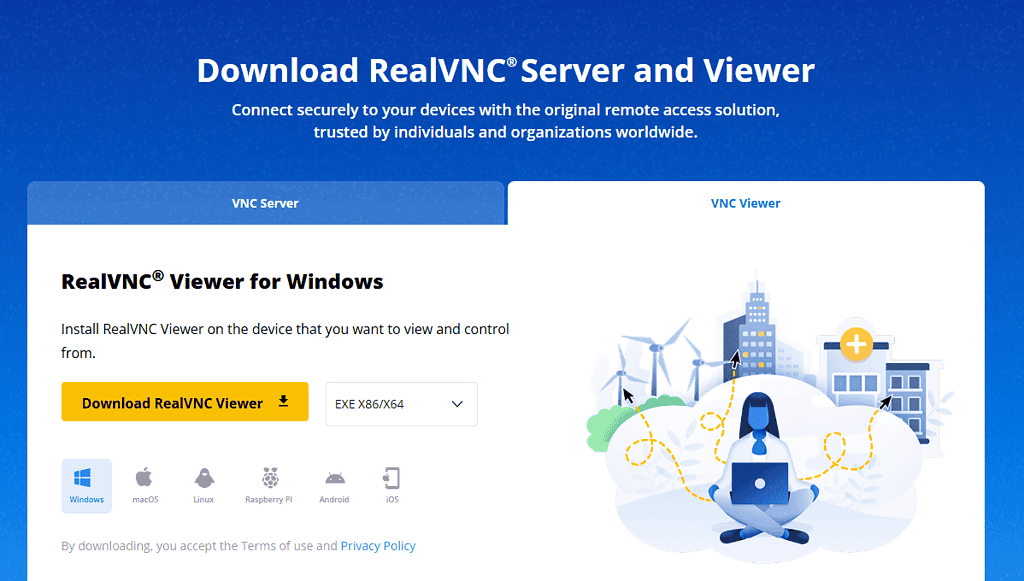 원격 서버 접속을 위한 RealVNC 프로그램 다운로드 안내 이미지.