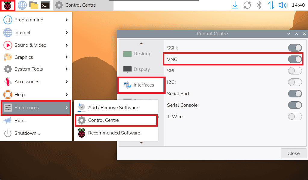 VNC 옵션이 강조된 화면으로 원격 접속 설정을 보여줍니다.