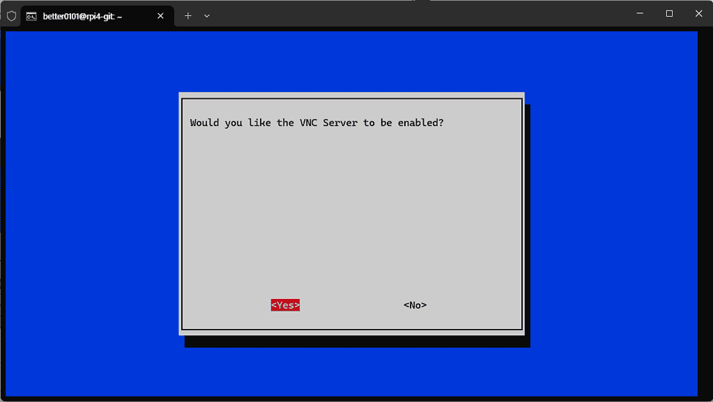 VNC 서버 활성화 여부를 묻는 메시지 화면이 보여지고 있습니다.